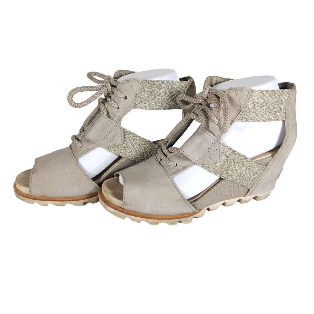 Sorel Women's Joanie Lace Kettle US 7,5 Gray Leather Wedge Strappy Sandals